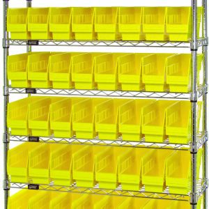 The Quantum Bin Wire Shelving System is a tall, chrome-plated unit with an overall size of 36W x 12D x 74H. It features nine wire shelves, each holding durable QSB201 yellow bins in a grid pattern. The system includes 64 uniformly sized bins for efficient storage.