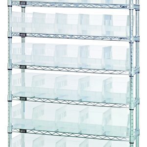 The Quantum Bin Wire Shelving System, featuring nine wire shelves and measuring 36W x 12D x 74H, includes (40) clear QSB202 bins. This chrome-plated unit sits against a plain white background with an impressive capacity of 800 lbs per shelf.