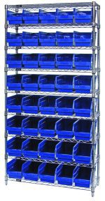The Quantum Bin Wire Shelving System, measuring 36W x 12D x 74H, features nine wire shelves with a chrome-plated finish. With four posts supporting it, each shelf can hold multiple rows of the included 40 QSB202 blue bins against a plain white background.