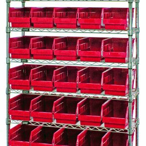 The Quantum Bin Wire Shelving System, measuring 36W x 12D x 74H with a capacity of 800 lbs per shelf, includes nine wire shelves, four posts, and forty QSB202 red bins. The open-front bins provide easy access, and the chrome-plated finish offers an organized storage solution.