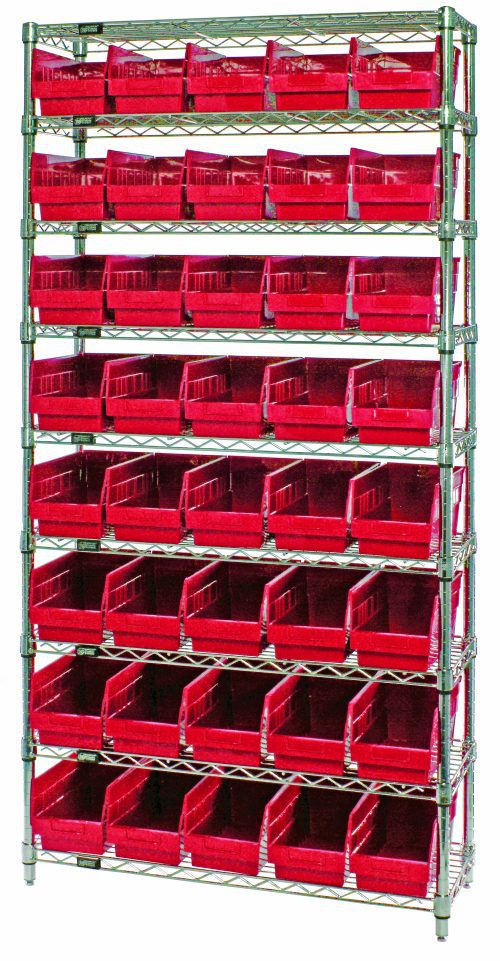 The Quantum Bin Wire Shelving System, measuring 36W x 12D x 74H with a capacity of 800 lbs per shelf, includes nine wire shelves, four posts, and forty QSB202 red bins. The open-front bins provide easy access, and the chrome-plated finish offers an organized storage solution.