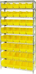 The Quantum Bin Wire Shelving System, sized at 36W x 12D x 74H, includes nine shelves and four posts with a capacity of 800 lbs per shelf. It features 40 bright QSB202 yellow bins and a chrome finish for practicality, easy access, and style.