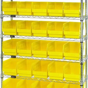 The Quantum Bin Wire Shelving System, sized at 36W x 12D x 74H, includes nine shelves and four posts with a capacity of 800 lbs per shelf. It features 40 bright QSB202 yellow bins and a chrome finish for practicality, easy access, and style.