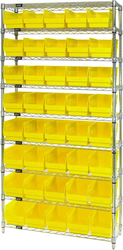 The Quantum Bin Wire Shelving System, sized at 36W x 12D x 74H, includes nine shelves and four posts with a capacity of 800 lbs per shelf. It features 40 bright QSB202 yellow bins and a chrome finish for practicality, easy access, and style.