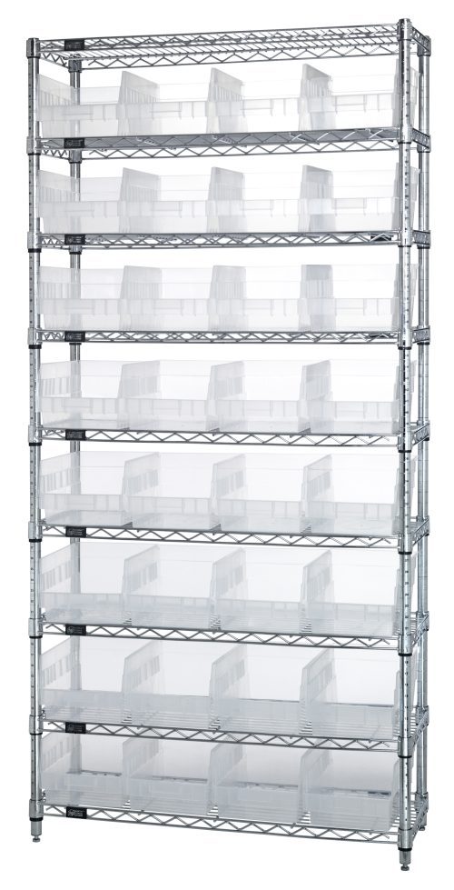 The Quantum Bin Wire Shelving System measures 36W x 12D x 74H, has nine wire shelves with an 800 lb. capacity each, and includes four posts and thirty-two QSB207 clear bins with a chrome finish for a sturdy and organized storage solution.