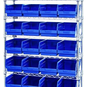 The Quantum Bin Wire Shelving System measures 36W x 12D x 74H, featuring nine wire shelves and 32 QSB207 blue bins. Its chrome-plated, industrial design offers easy access with an organized look and holds up to 800 lbs per shelf.
