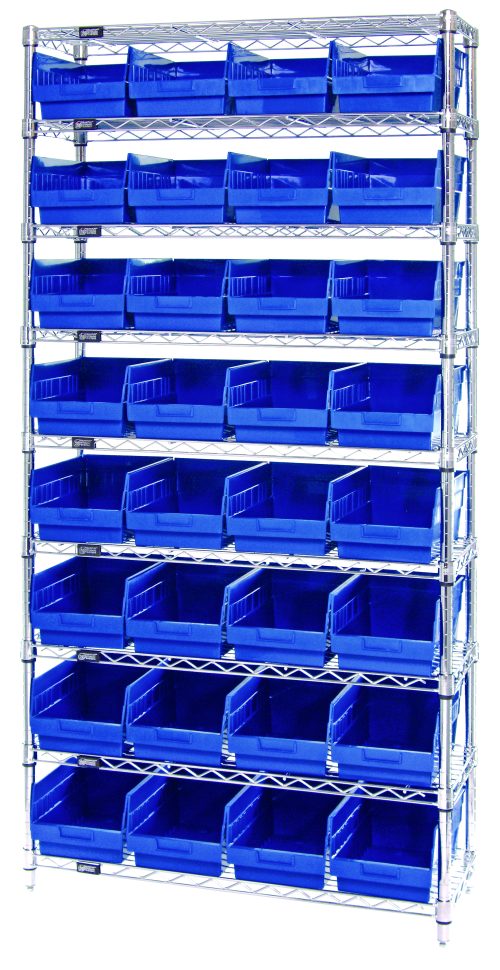 WR9-207_BL.jpg The Quantum Bin Wire Shelving System measures 36W x 12D x 74H, featuring nine wire shelves and 32 QSB207 blue bins. Its chrome-plated, industrial design offers easy access with an organized look and holds up to 800 lbs per shelf.