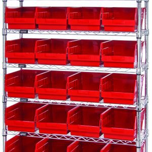 The Quantum Bin Wire Shelving System measures 36W x 12D x 74H and includes nine chrome-plated wire shelves, four sturdy posts, and thirty-two QSB207 red bins. Each shelf can hold up to 800 lbs., ensuring both durability and efficient organization.