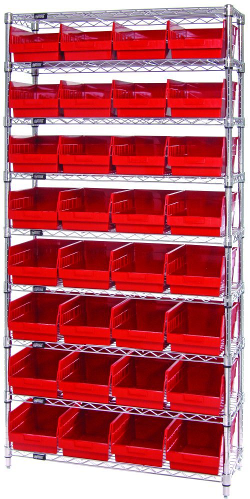 The Quantum Bin Wire Shelving System measures 36W x 12D x 74H and includes nine chrome-plated wire shelves, four sturdy posts, and thirty-two QSB207 red bins. Each shelf can hold up to 800 lbs., ensuring both durability and efficient organization.