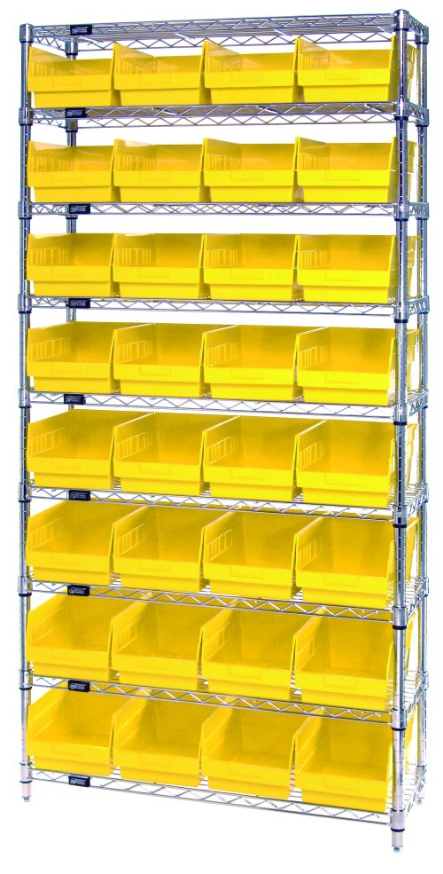 Meet the Quantum Bin Wire Shelving System: a 36W x 12D x 74H chrome unit with nine wire shelves, each holding up to 800 lbs, complete with four posts and 32 QSB207 yellow bins, ensuring optimal spacing and alignment.