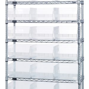 The Quantum Bin Wire Shelving System is 36W x 12D x 74H, featuring nine wire shelves and four sturdy posts with an 800 lb. capacity per shelf. It comes with 24 QSB209 clear bins and a chrome-plated finish for optimized storage and organization.