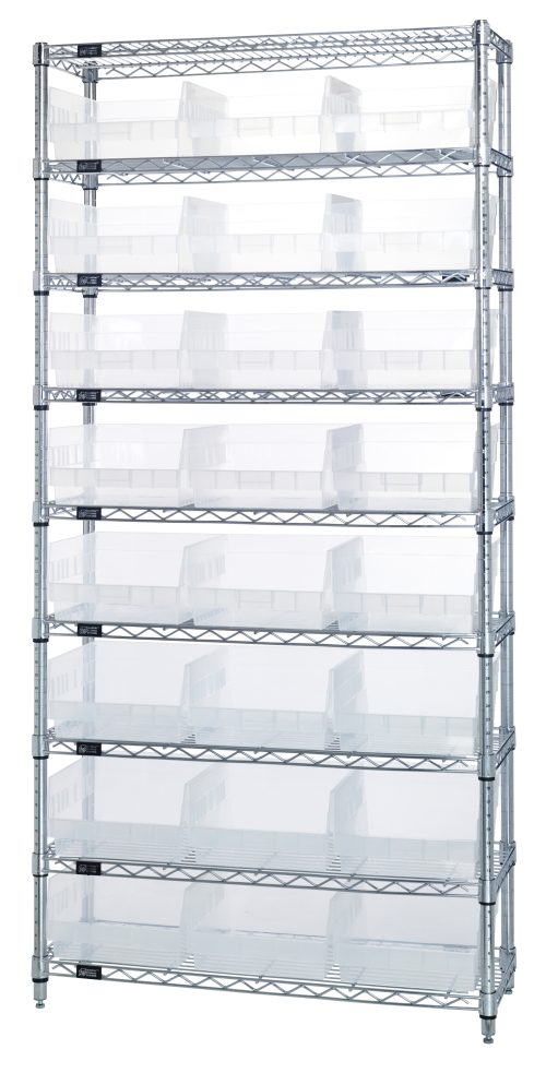 3 Accros Wire The Quantum Bin Wire Shelving System is 36W x 12D x 74H, featuring nine wire shelves and four sturdy posts with an 800 lb. capacity per shelf. It comes with 24 QSB209 clear bins and a chrome-plated finish for optimized storage and organization.