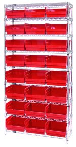 The Quantum Bin Wire Shelving System measures 36W x 12D x 74H and holds up to 800 lbs per shelf. It includes nine wire shelves, four sturdy posts, and twenty-four red QSB209 bins. With a chrome-plated finish, its perfect for organizing tools or supplies in workshops or warehouses.