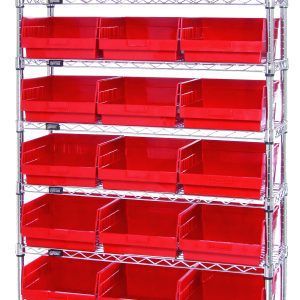 The Quantum Bin Wire Shelving System measures 36W x 12D x 74H and holds up to 800 lbs per shelf. It includes nine wire shelves, four sturdy posts, and twenty-four red QSB209 bins. With a chrome-plated finish, its perfect for organizing tools or supplies in workshops or warehouses.