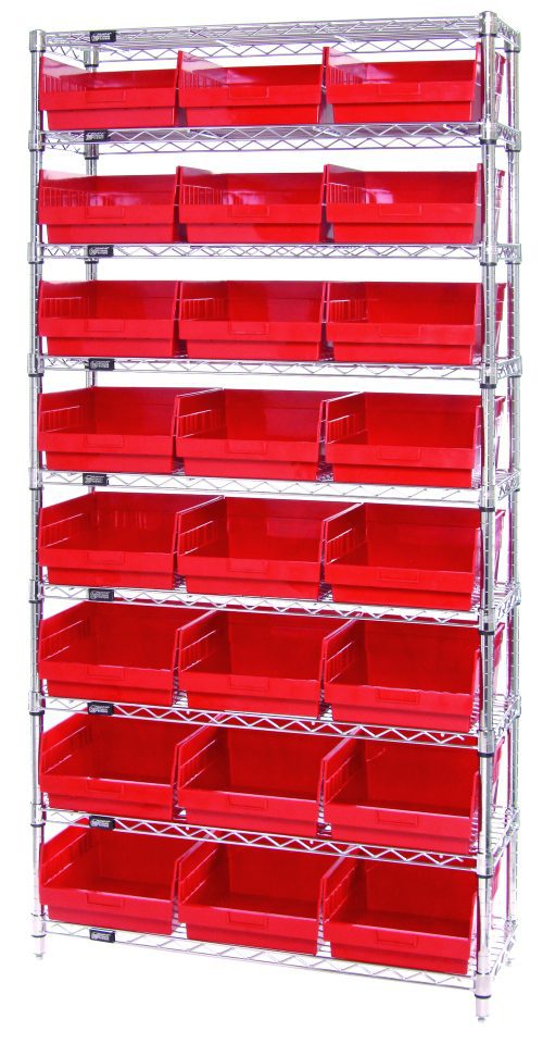 The Quantum Bin Wire Shelving System measures 36W x 12D x 74H and holds up to 800 lbs per shelf. It includes nine wire shelves, four sturdy posts, and twenty-four red QSB209 bins. With a chrome-plated finish, its perfect for organizing tools or supplies in workshops or warehouses.