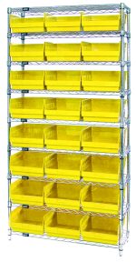 The Quantum Bin Wire Shelving System (36W x 12D x 74H) with a chrome finish includes (9) wire shelves, (4) posts, and (24) QSB209 yellow bins. Each shelf supports up to 800 lbs, ensuring stylish and organized storage.