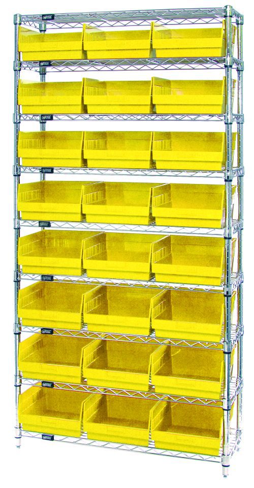 The Quantum Bin Wire Shelving System (36W x 12D x 74H) with a chrome finish includes (9) wire shelves, (4) posts, and (24) QSB209 yellow bins. Each shelf supports up to 800 lbs, ensuring stylish and organized storage.