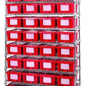 The Quantum Bin Wire Shelving System, measuring 48W x 18D x 74H, features a chrome-plated finish and can hold up to 800 lbs. per shelf. It includes nine wire shelves and four posts that accommodate (36) SNT180 red containers with white labels for organized storage.