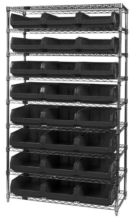The Quantum Bin Wire Shelving System, sized at 42W x 18D x 74H, features nine wire shelves supported by four posts. With a chrome-plated finish, it accommodates up to 800 lbs per shelf and comes with 24 QMS531 black bins for organized storage.