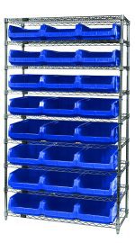 The Quantum Bin Wire Shelving System, measuring 42W x 18D x 74H, has a sturdy 800 lb. capacity per shelf and includes nine wire shelves, four posts, and twenty-four QMS531 blue bins with a chrome-plated finish.