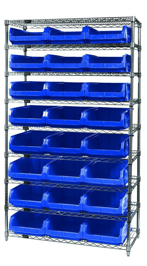 WR9-531_BL.jpg The Quantum Bin Wire Shelving System, measuring 42W x 18D x 74H, has a sturdy 800 lb. capacity per shelf and includes nine wire shelves, four posts, and twenty-four QMS531 blue bins with a chrome-plated finish.