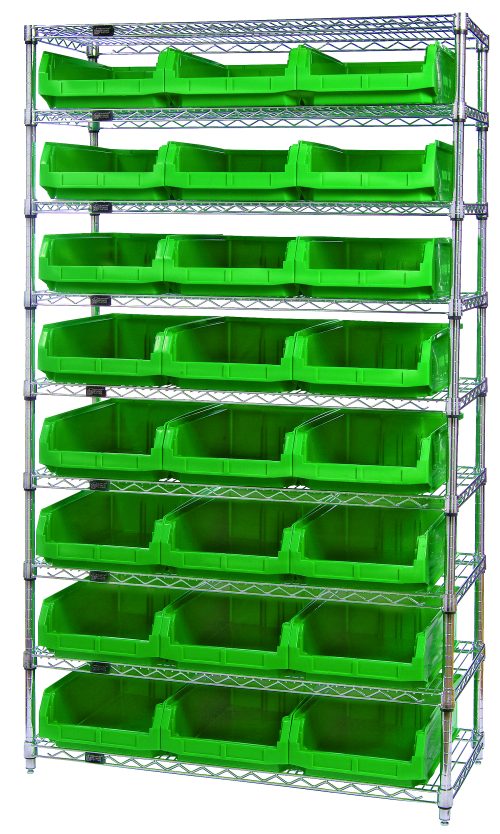 WR9-531_GN.jpg The Quantum Bin Wire Shelving System, measuring 42W x 18D x 74H, features nine shelves with (24) QMS531 green bins for organization. Supported by (4) posts, it can hold up to 800 lbs per shelf and boasts a chrome-plated finish.