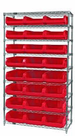 The Quantum Bin Wire Shelving System is a sturdy 42W x 18D x 74H shelving unit with a chrome-plated finish. It includes nine wire shelves supporting up to 800 lbs each and comes with four posts and twenty-four Qms531 red bins for efficient storage.