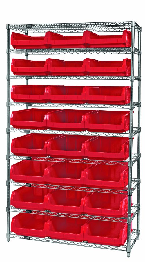 The Quantum Bin Wire Shelving System is a sturdy 42W x 18D x 74H shelving unit with a chrome-plated finish. It includes nine wire shelves supporting up to 800 lbs each and comes with four posts and twenty-four Qms531 red bins for efficient storage.