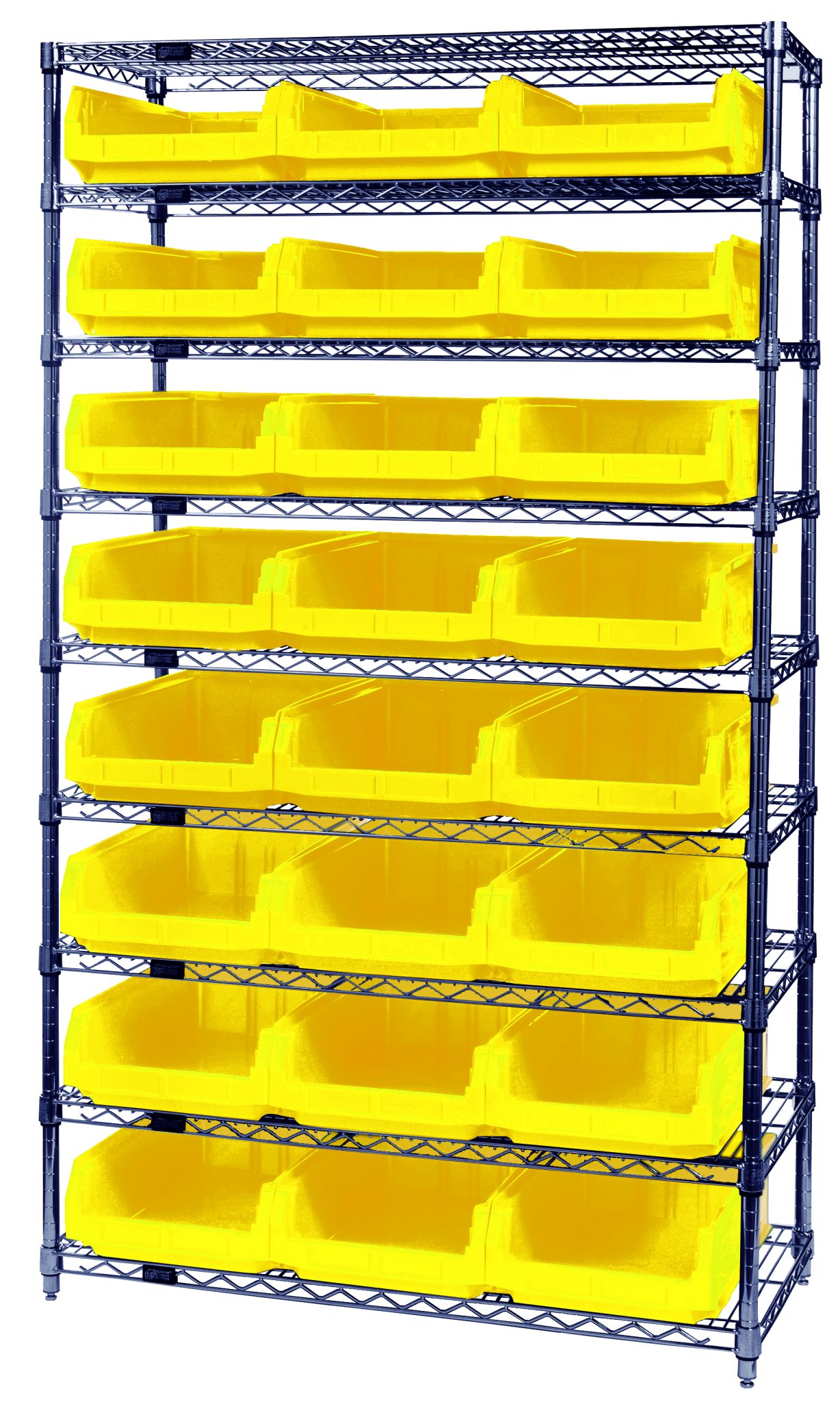 Yellow Quantum MAGNUM bins loaded onto a chrome wire shelving system