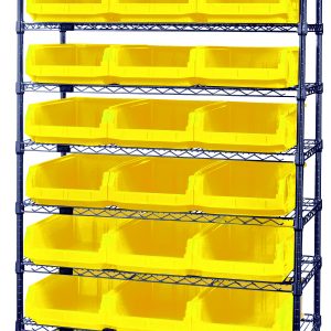 The Quantum Bin Wire Shelving System, measuring 42W x 18D x 74H, has four posts supporting nine shelves with a chrome finish. It includes 24 QMS531 yellow bins arranged in an even grid, creating a vibrant display against the white shelving background. Each shelf supports up to 800 lbs.