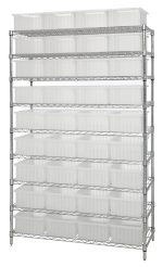 The Quantum Bin Wire Shelving System, measuring 48W x 18D x 74H, features a chrome-plated finish with nine shelves and four posts. It includes 36 DG92060 clear containers and supports up to 800 lbs per shelf.