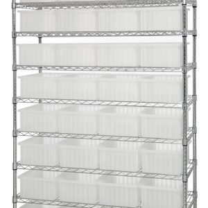 The Quantum Bin Wire Shelving System, measuring 48W x 18D x 74H, features a chrome-plated finish with nine shelves and four posts. It includes 36 DG92060 clear containers and supports up to 800 lbs per shelf.