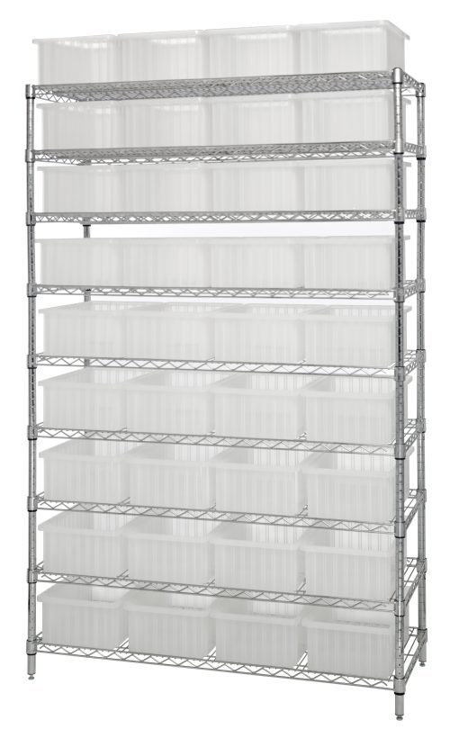WR9-92060CL.jpg The Quantum Bin Wire Shelving System, measuring 48W x 18D x 74H, features a chrome-plated finish with nine shelves and four posts. It includes 36 DG92060 clear containers and supports up to 800 lbs per shelf.
