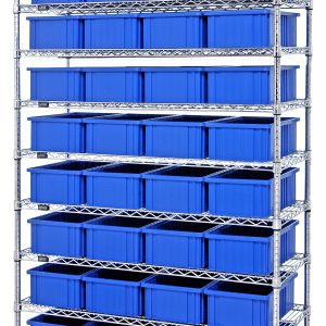The Quantum Bin Wire Shelving System, measuring 48W x 18D x 74H with a chrome-plated finish, features nine wire shelves each supporting an 800 lb. capacity. It includes four posts for stability and comes with thirty-six DG92060 blue containers.