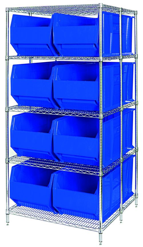 The Quantum Rackbin 42 Container Wire Shelving System, measuring 42D x 36W x 86H, includes five chrome-plated wire mesh shelves and eight QRB166 blue containers with open fronts for easy access, ideal for organization and storage. Shipped KD (knocked down) for convenient assembly.
