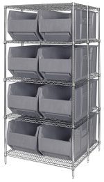 The Quantum Rackbin 42 Container Wire Shelving System has five chrome-plated tiers, supports eight QRB166 gray containers, and measures 42D x 36W x 86H. Shipped KD, its ideal for organizing and storage solutions.