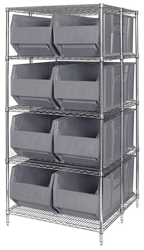 The Quantum Rackbin 42 Container Wire Shelving System has five chrome-plated tiers, supports eight QRB166 gray containers, and measures 42D x 36W x 86H. Shipped KD, its ideal for organizing and storage solutions.