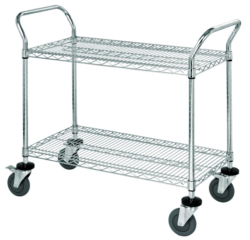 Two-shelf chrome wire utility cart with u-handles at both ends and donut bumpers