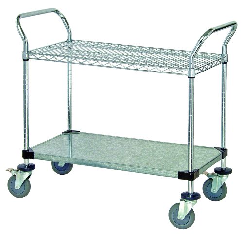 The Quantum Utility Cart measures 36W x 18D x 37.5H and features one chrome-plated wire shelf, one galvanized solid shelf, and two U-shaped chrome-plated handles. It includes four 5 polyurethane swivel casters (two with brakes), holds up to 1200 lbs, and has an open base with donut bumpers for easy maneuvering.
