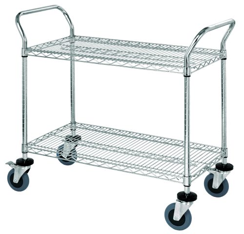 WRC-1836-2CO.jpg The Quantum Utility Cart measures 36W x 18D x 37-1/2H and features two conductive wire shelves and an open base. It includes two U shaped handles for easy maneuvering, a chrome-plated finish, four 5 swivel casters (two with brakes), and can hold up to 1200 lbs.