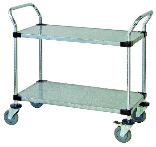 WRC-1836-2G.jpg The Quantum Utility Cart measures 36W x 18D x 37-1/2H and features an open base design with two galvanized solid shelves. It has U-shaped chrome-plated handles and rolls smoothly on four 5 polyurethane swivel casters, with brakes on two wheels, and includes donut bumpers for protection.