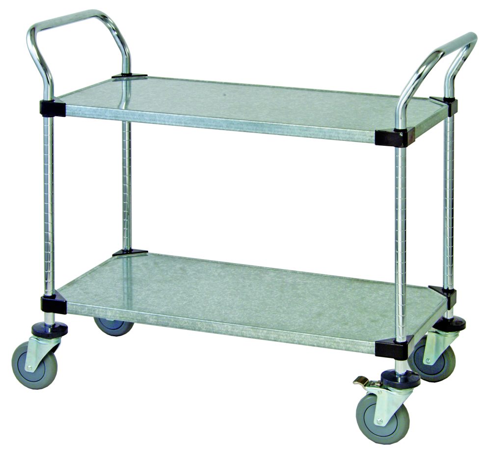 Utility cart with two galvanized solid shelves and chrome frame