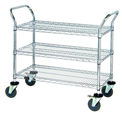 WRC-1836-3.jpg The Quantum Utility Cart features three wire shelves, two U shaped handles, an open base, donut bumpers, and four 5 polyurethane swivel casters (two with brakes). It has a 1200 lb. capacity and measures 36W x 18D x 37-1/2H—perfect for transporting items in kitchens or warehouses.