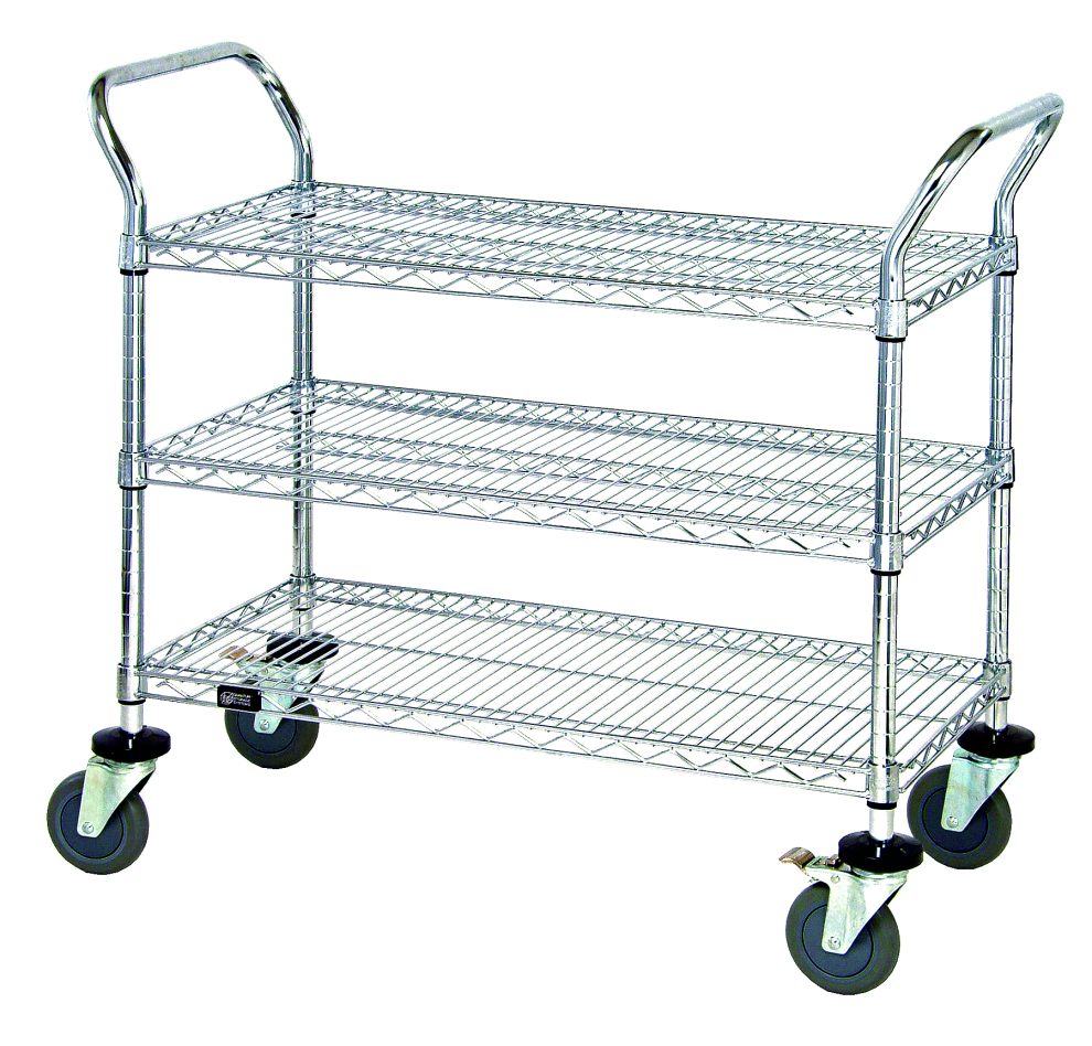 Three-shelf chrome wire utility cart with u-handles at both ends