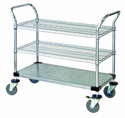 The Quantum Utility Cart measures 36W x 18D x 37-1/2H and features two chrome-plated wire shelves, a galvanized solid shelf, and has handles on each end. It rolls smoothly on four 5 polyurethane swivel casters (two with brakes) and can handle up to 1200 lbs.