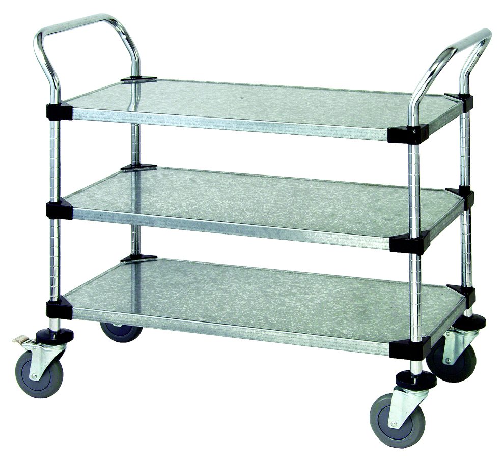 Wire utility cart with galvanized solid shelves and chrome frame