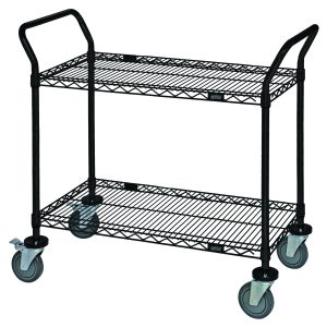 The Quantum Utility Cart, measuring 36W x 18D x 37-1/2H, features an open base with two wire shelves and four 5 polyurethane swivel casters (two with brakes), dual U shaped handles, and a black epoxy antimicrobial finish. Its practical for home, office, or industrial use.