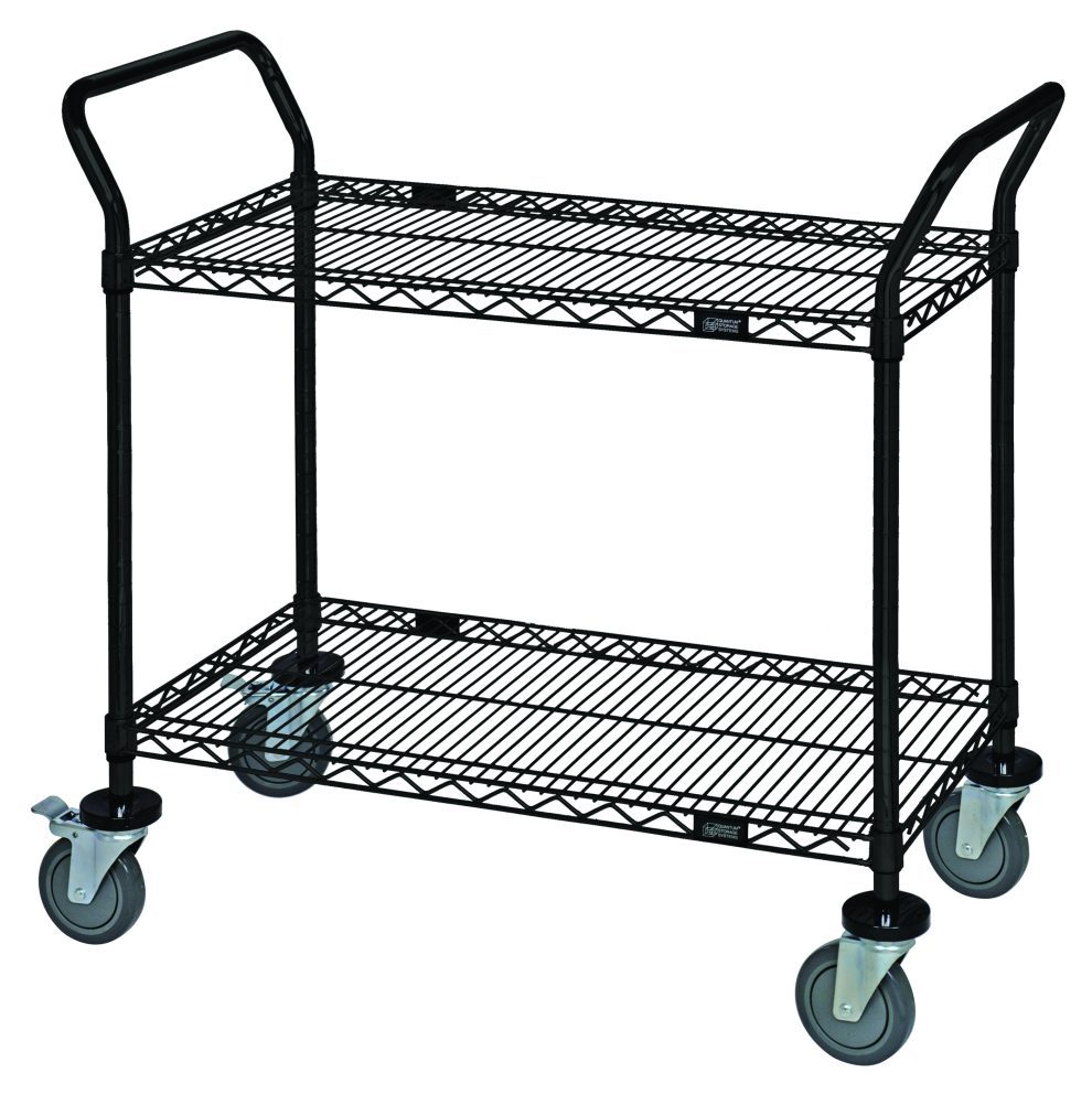 Black epoxy wire utility cart with two shelves and push handles on swivel casters