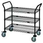 The Quantum Utility Cart in black, with a 36W x 18D x 37-1/2H frame, features a three-tier open base and can hold up to 1200 lbs. It includes two U-shaped handles, four 5 polyurethane swivel casters (two with brakes), donut bumpers, and an antimicrobial epoxy finish for easy mobility and ample storage.