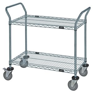 The Quantum Utility Cart measures 36W x 18D x 37.5H and features two wire shelves, four 5 swivel polyurethane casters (two with brakes), and sturdy U shaped handles for easy maneuverability. Its industrial design supports up to 1200 lbs. in various transport needs, with gray epoxy antimicrobial finish.